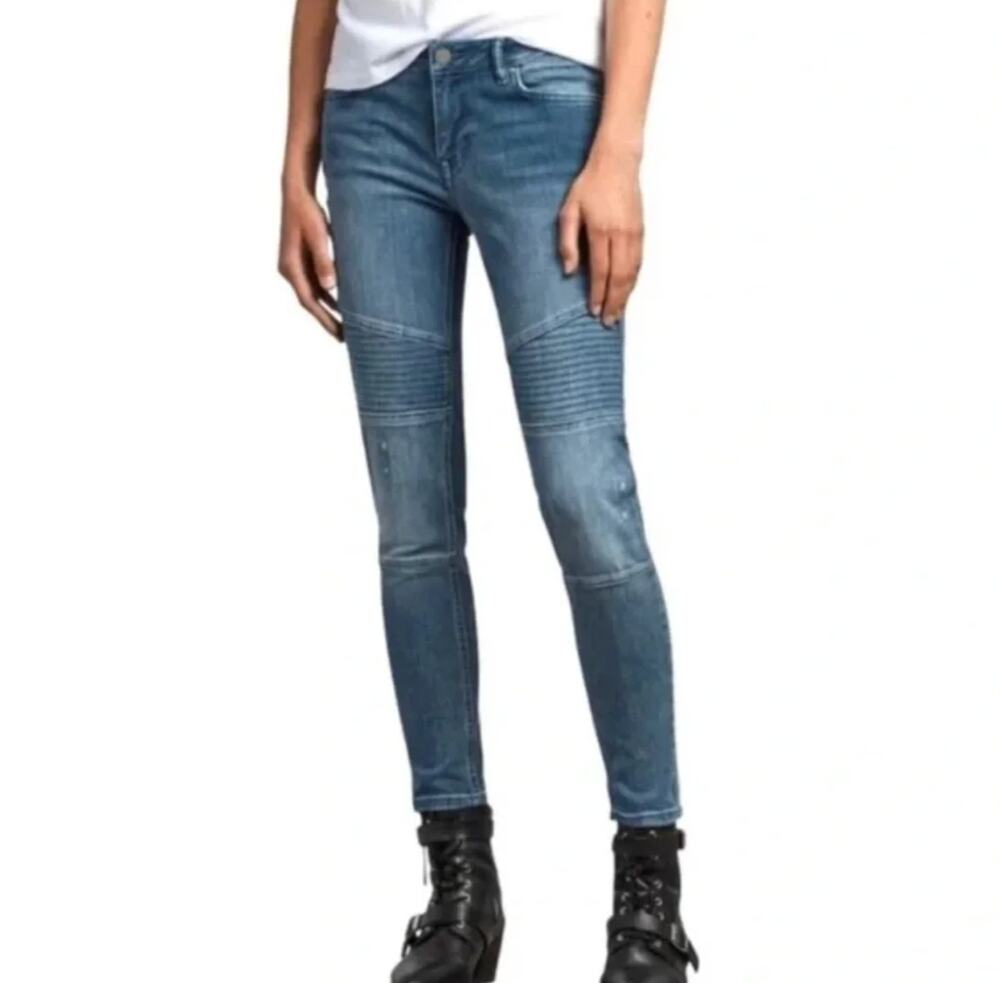 All Saints Biker Cropped Skinny Jeans Size 26 Moto Panel Distressed Blue